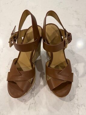 MICHAEL Michael Kors Women's Luggage Brown Leather Espadrille Wedge Sandals